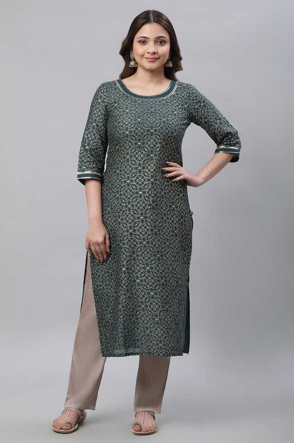 Green Round Neck Cotton Blend Straight Kurta
