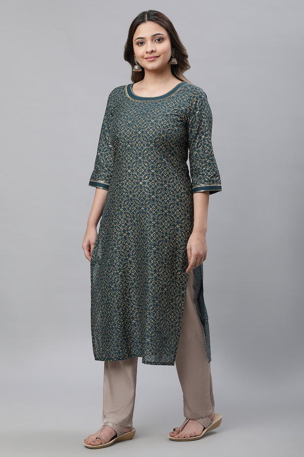 Green Round Neck Cotton Blend Straight Kurta