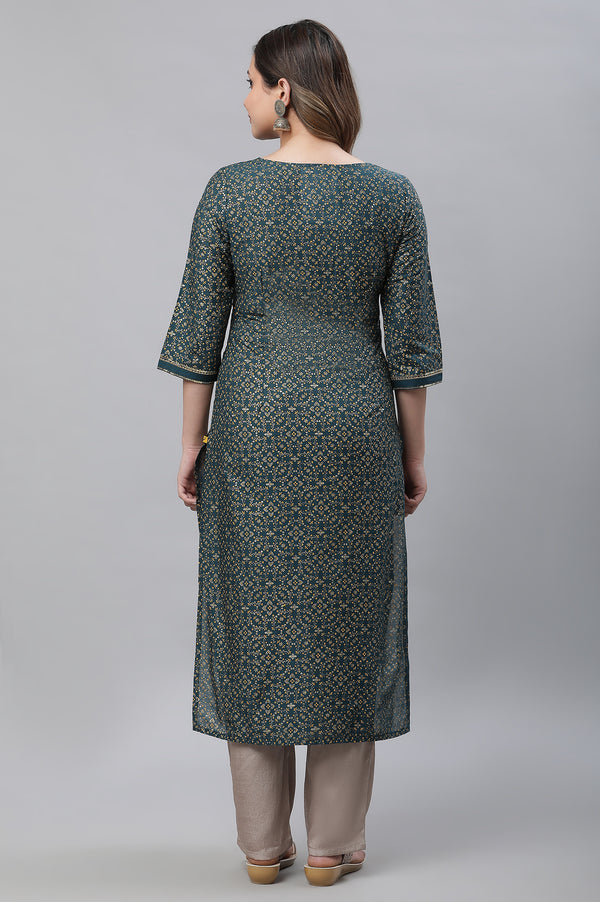 Green Round Neck Cotton Blend Straight Kurta