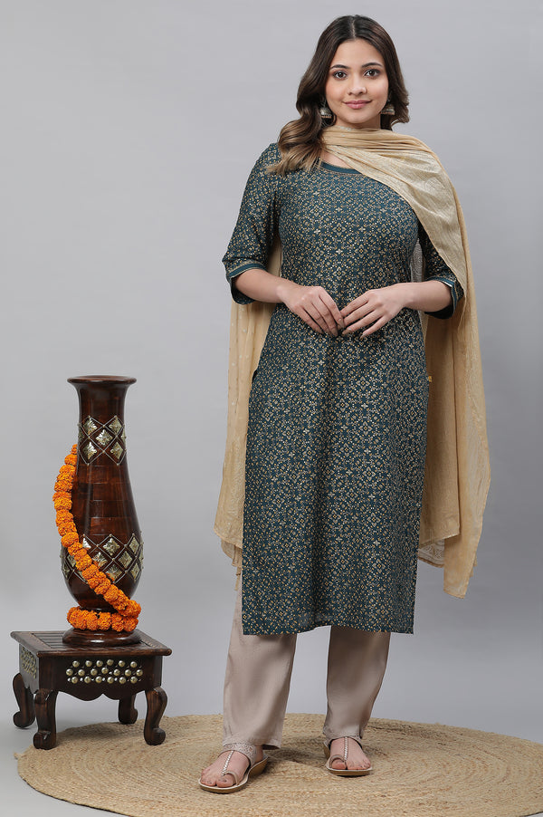 Green Round Neck Cotton Blend Straight Kurta