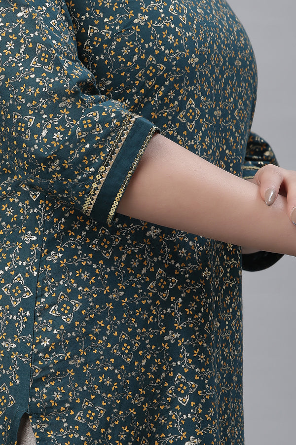 Green Round Neck Cotton Blend Straight Kurta