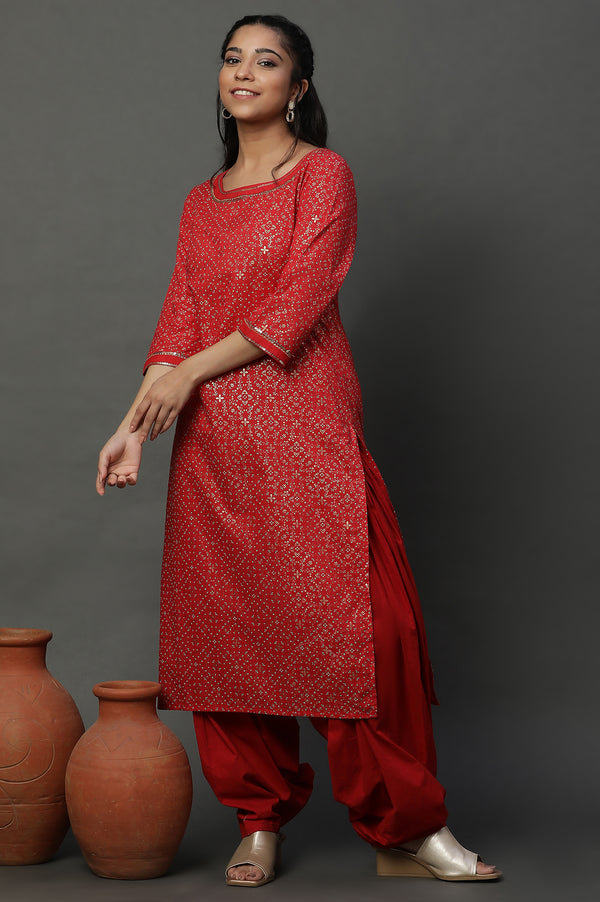 Red Foil Printed Straight Ethnic Festive Kurta