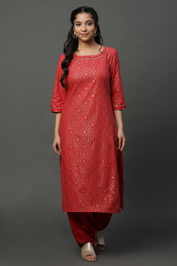 Red Foil Printed Straight Ethnic Festive Kurta