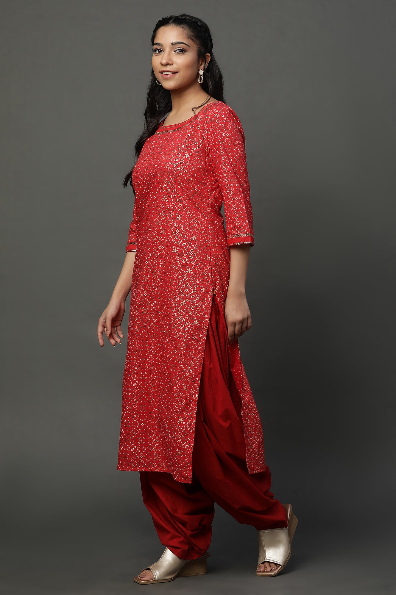 Red Foil Printed Ethnic Kurta