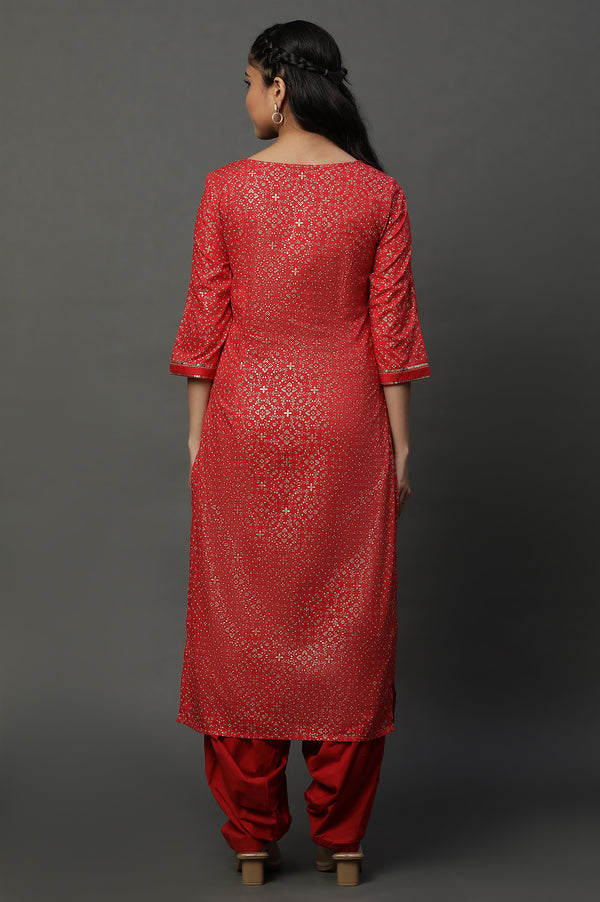 Red Foil Printed Straight Ethnic Festive Kurta