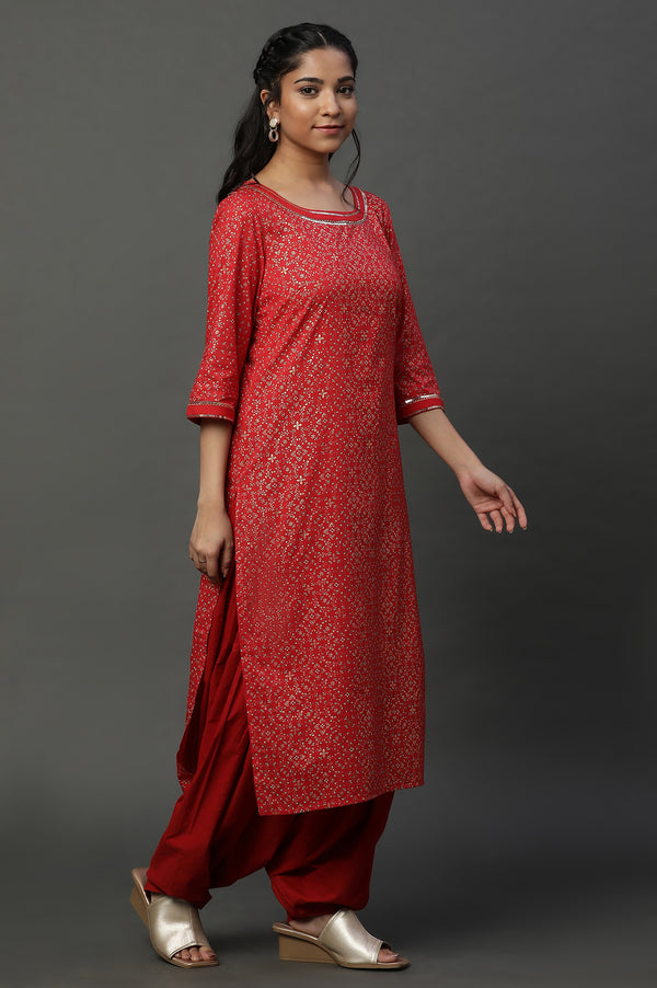 Red Foil Printed Straight Ethnic Festive Kurta