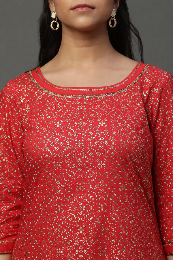 Red Foil Printed Straight Ethnic Festive Kurta