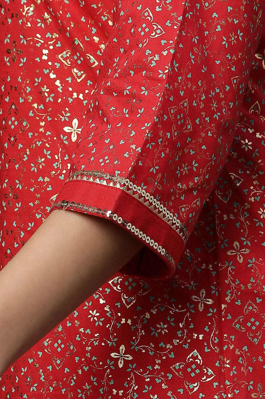 Red Foil Printed Straight Ethnic Festive Kurta