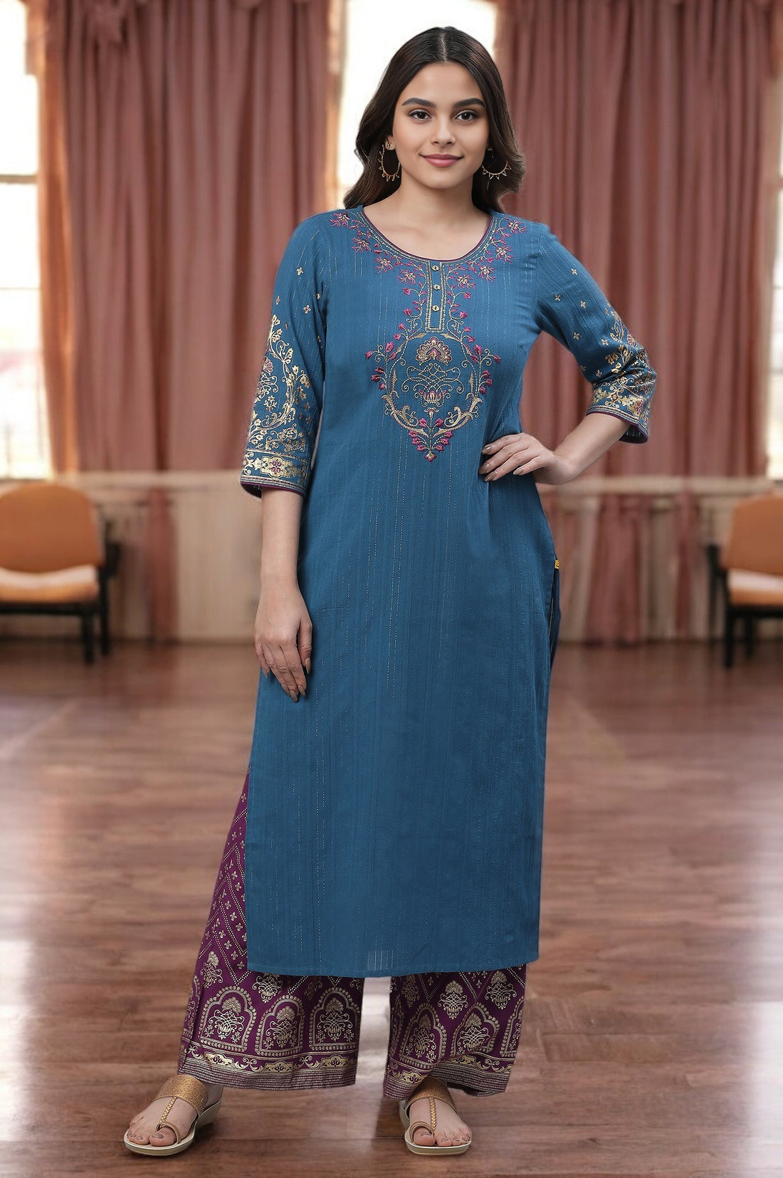 Blue Metallic Embroidered Kurta