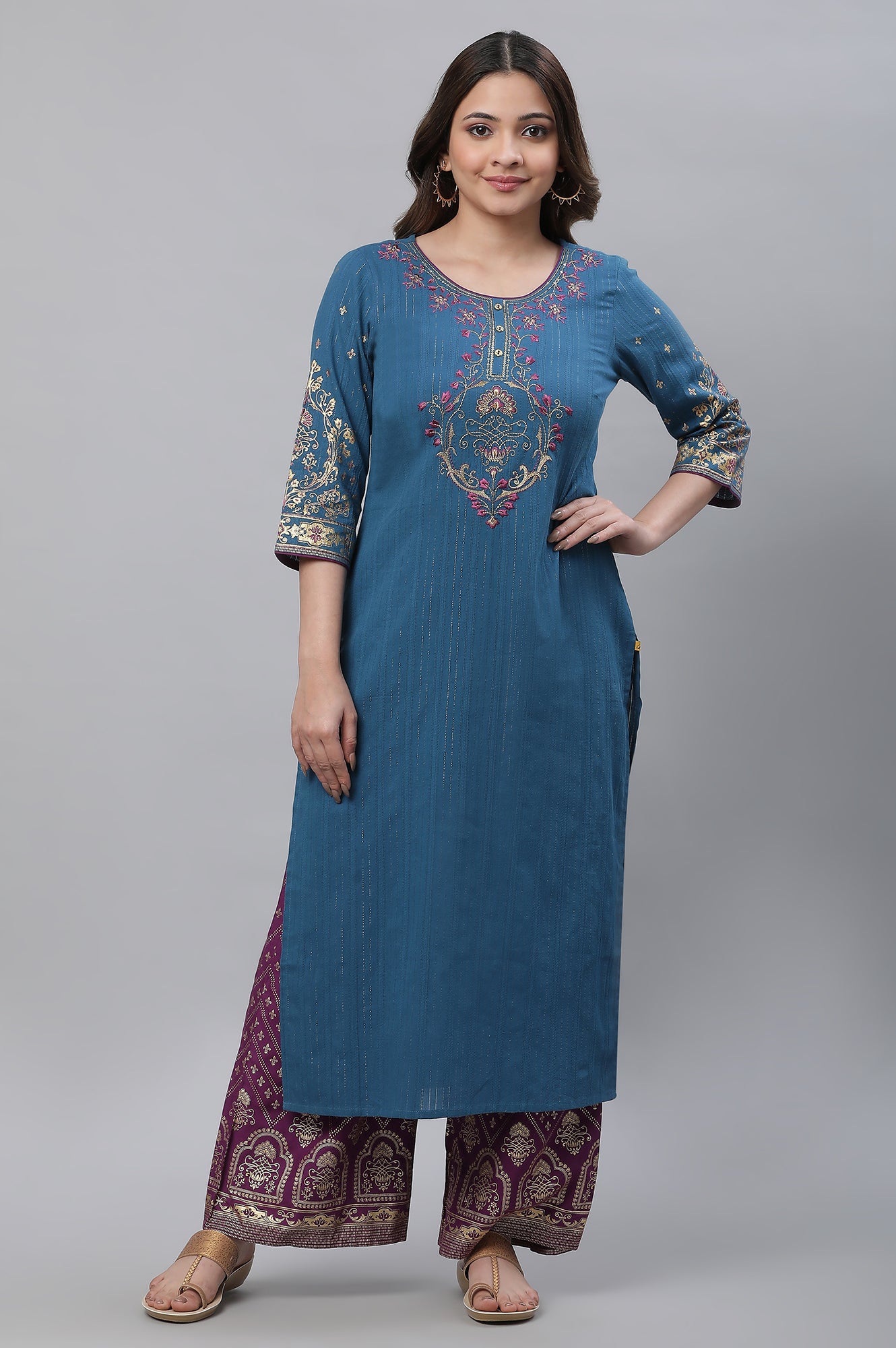 Blue Metallic Embroidered Kurta