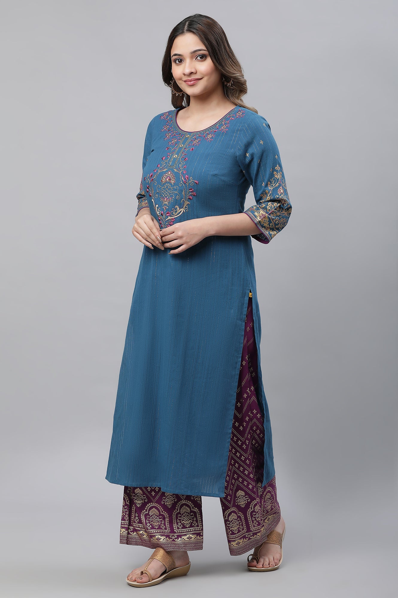 Blue Metallic Embroidered Kurta