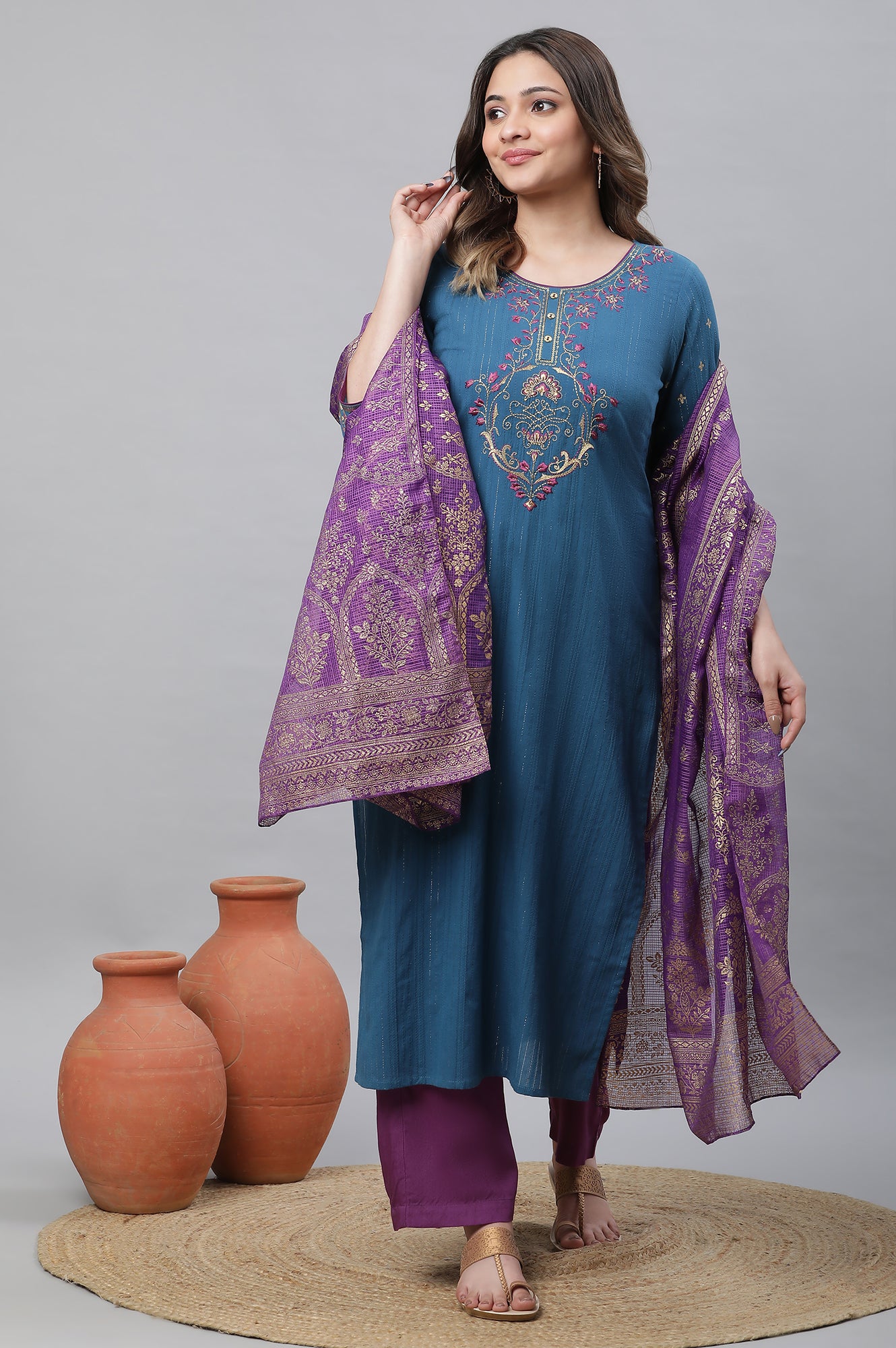 Blue Metallic Embroidered Kurta