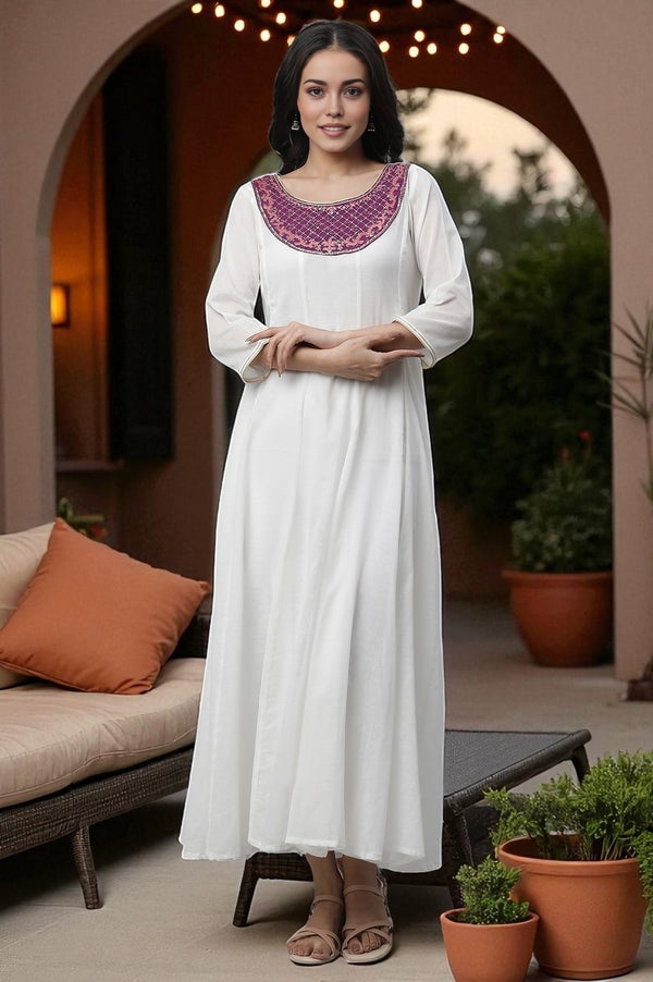 Purple Embroidered and Foil Printed Festive Ethnic Dress