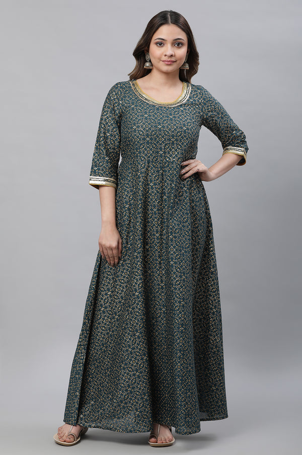 Green Printed Festive Long Kalidar Kurta