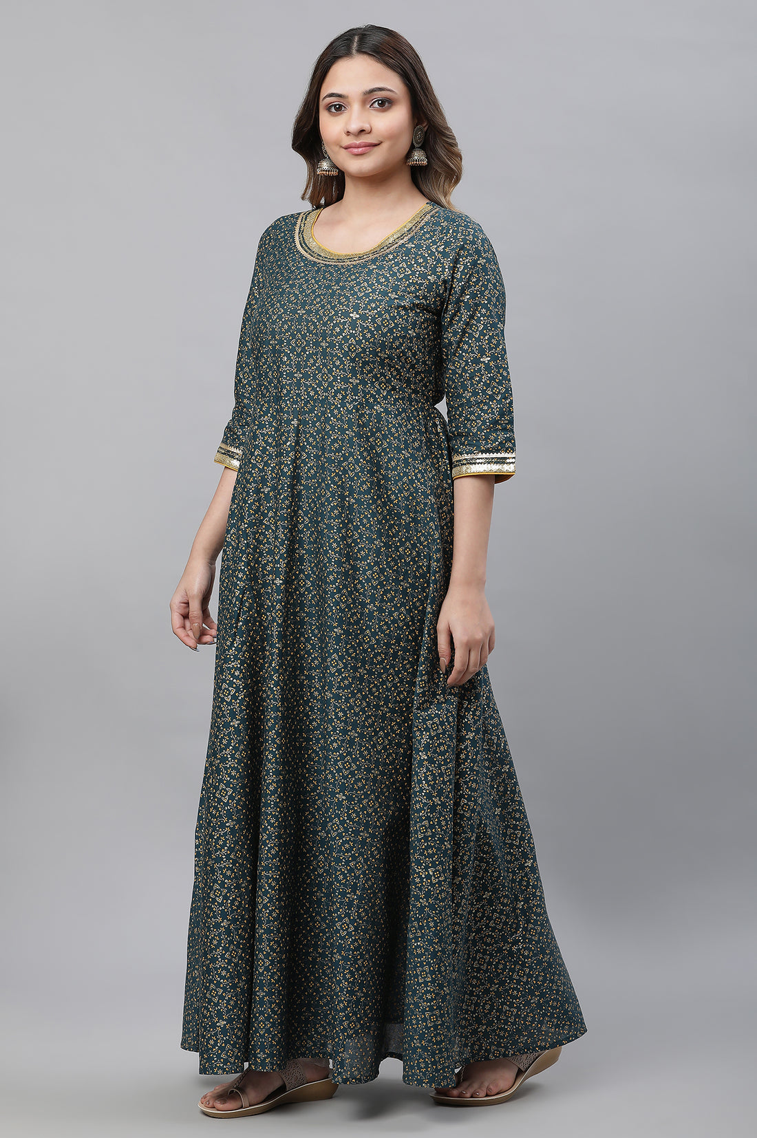 Green Printed Festive Long Kalidar Kurta