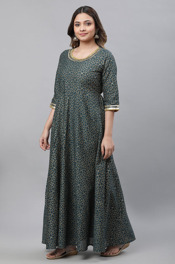 Green Printed Festive Long Kalidar Kurta