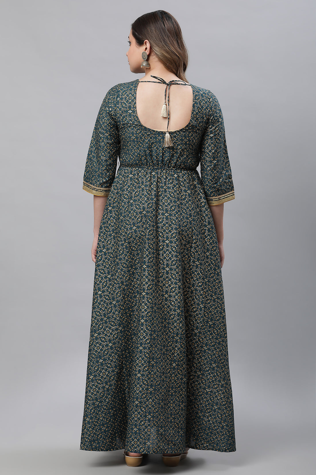 Green Printed Festive Long Kalidar Kurta