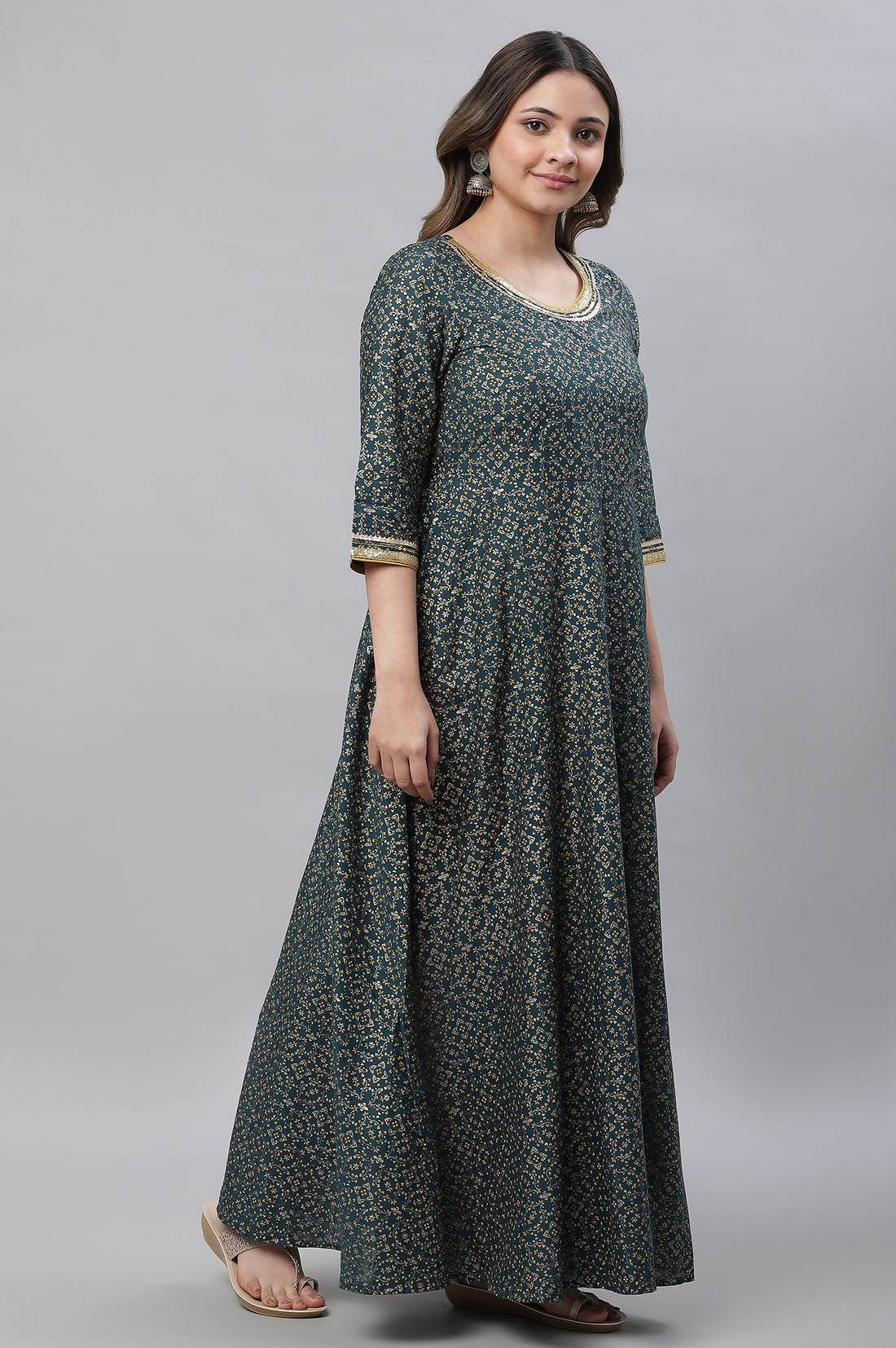 Green Printed Festive Long Kalidar Kurta