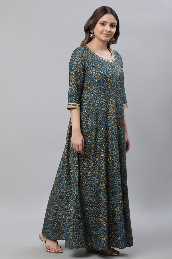 Green Printed Festive Long Kalidar Kurta