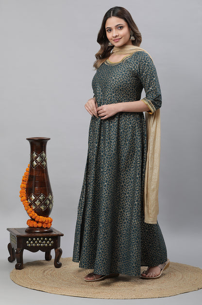 Green Printef Festive Long Kalidar Kurta