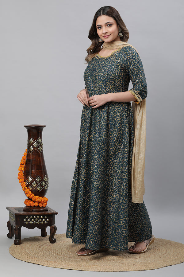 Green Printed Festive Long Kalidar Kurta