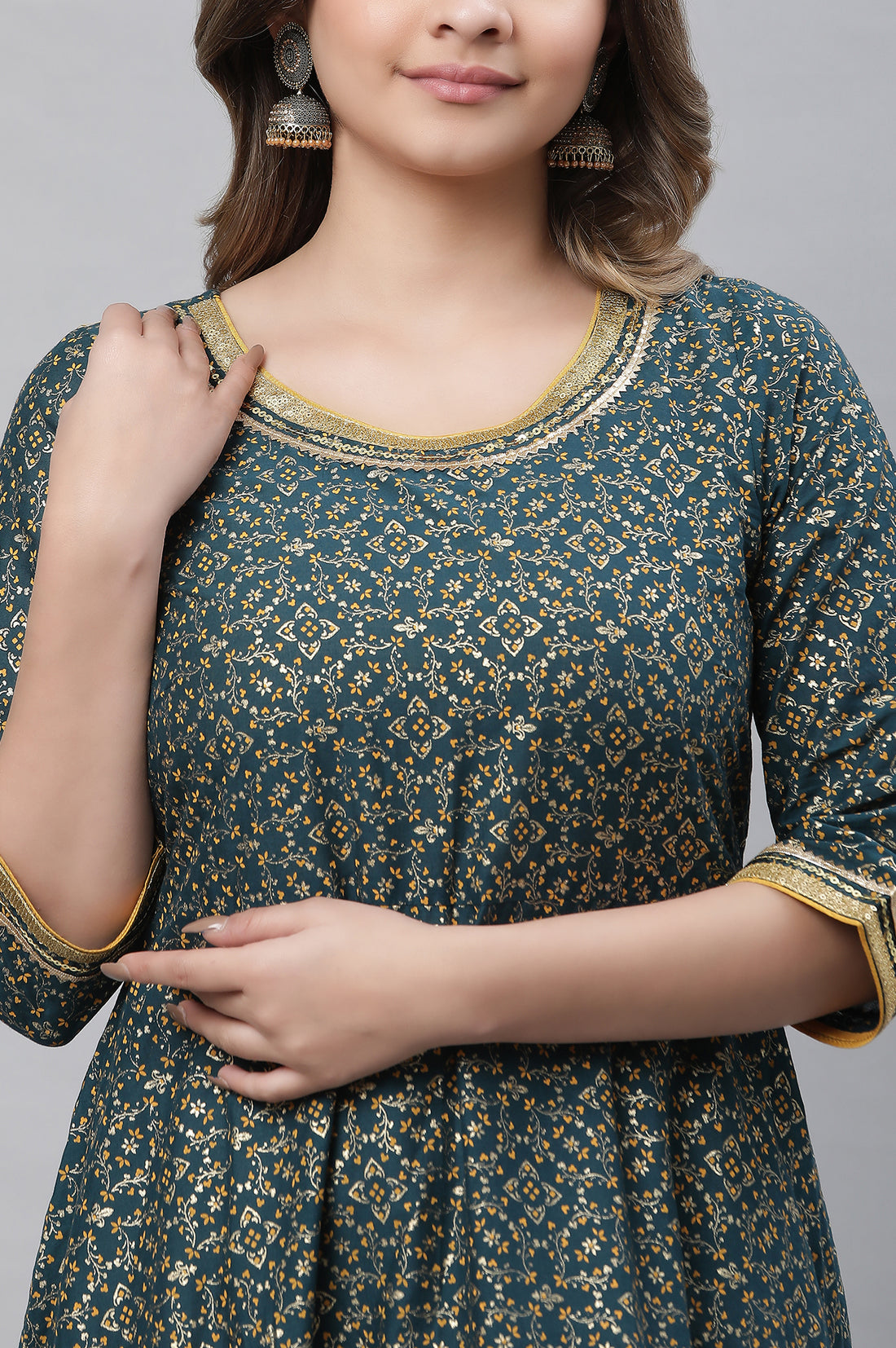 Green Printed Festive Long Kalidar Kurta