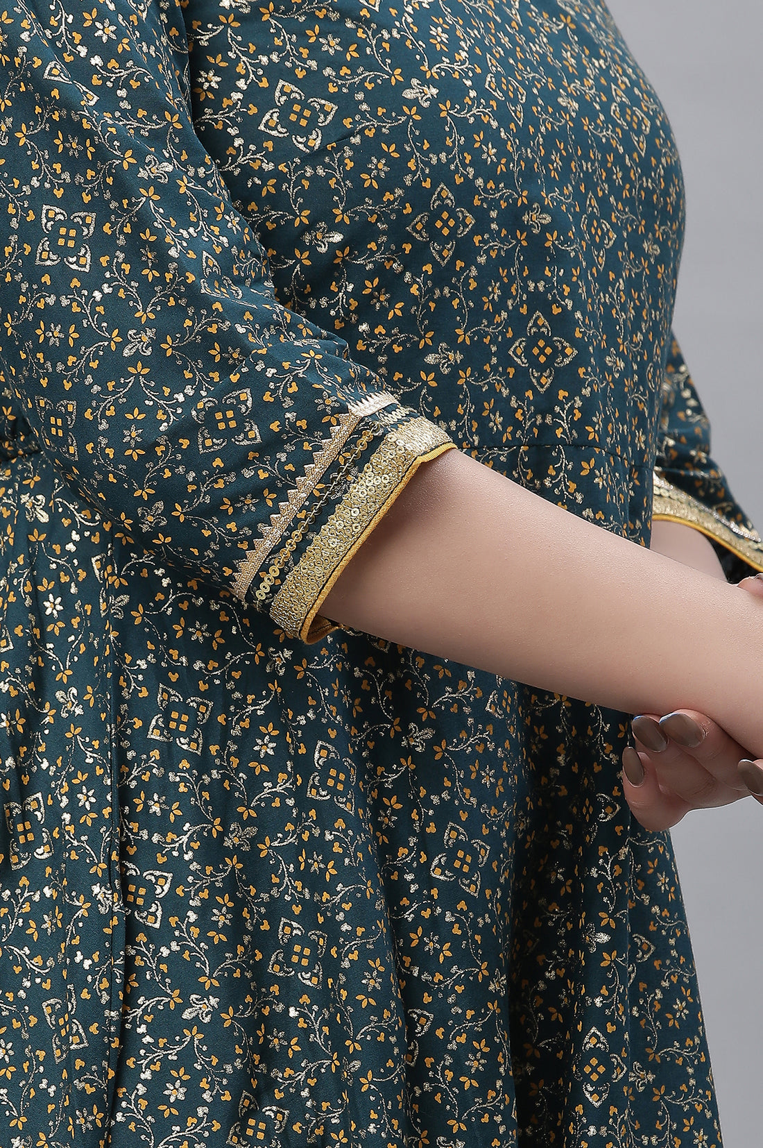 Green Printed Festive Long Kalidar Kurta