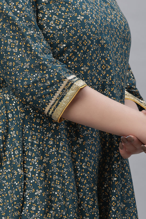 Green Printed Festive Long Kalidar Kurta