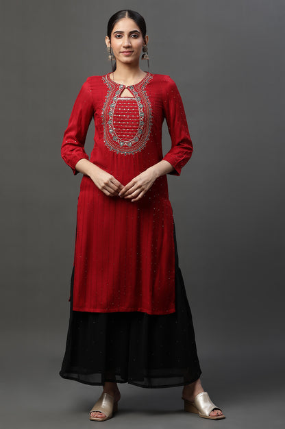 Red Metallic Embroidered Ethnic Kurta