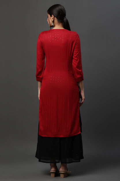 Red Metallic Embroidered Ethnic Kurta