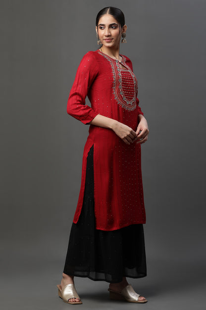 Red Metallic Embroidered Ethnic Kurta