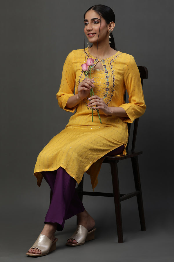 Yellow Metallic Embroidered Straight Ethnic Festive Kurta