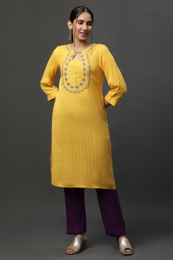 Yellow Metallic Embroidered Straight Ethnic Festive Kurta