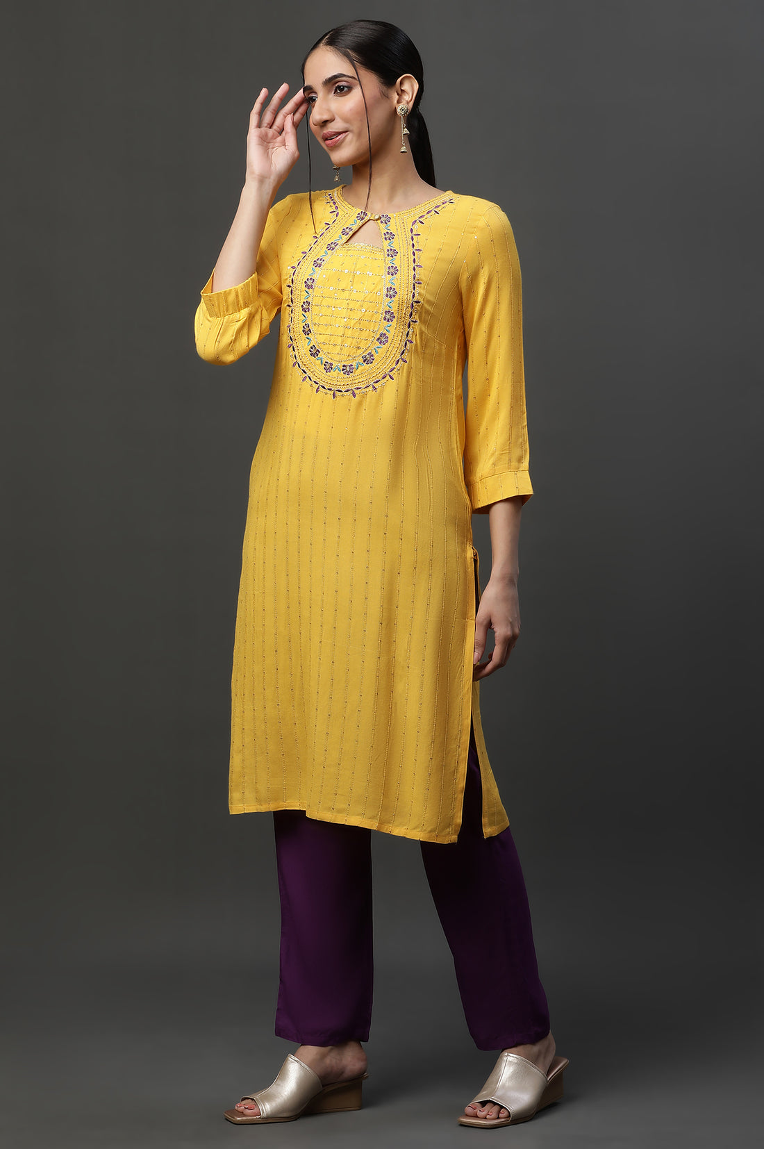 Yellow Metallic Embroidered Straight Ethnic Festive Kurta
