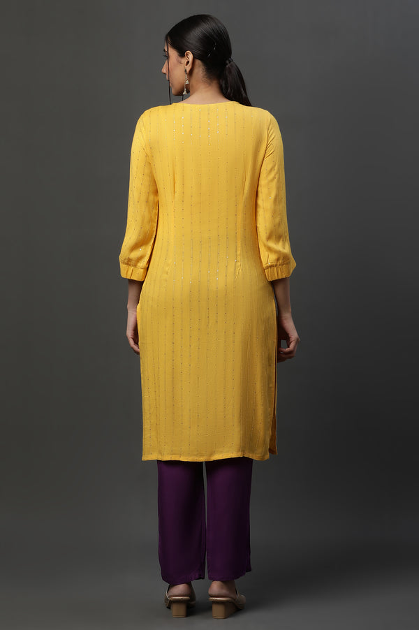 Yellow Metallic Embroidered Straight Ethnic Festive Kurta