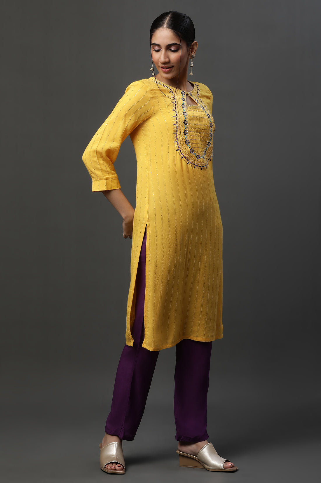 Yellow Metallic Embroidered Straight Ethnic Festive Kurta