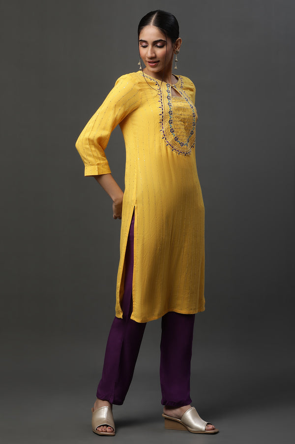 Yellow Metallic Embroidered Straight Ethnic Festive Kurta