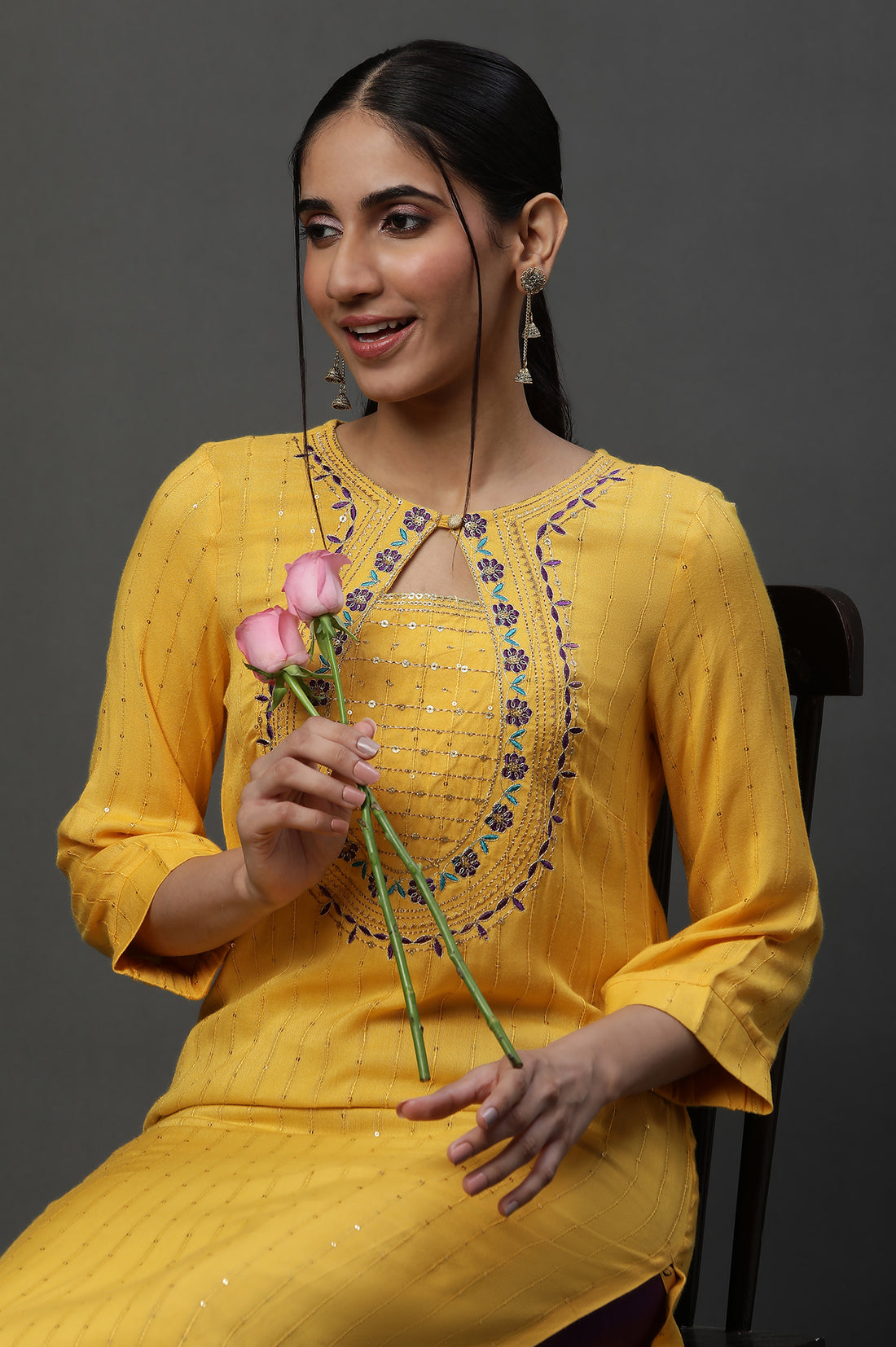Yellow Metallic Embroidery Viscose Blend Straight Kurta and Palazzo Set