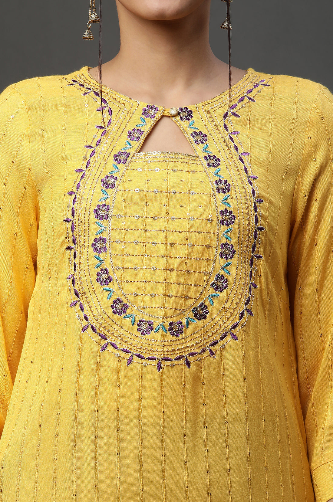Yellow Metallic Embroidered Straight Ethnic Festive Kurta