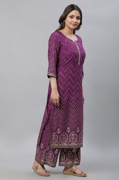 Purple Foil Printed Festive Kurta