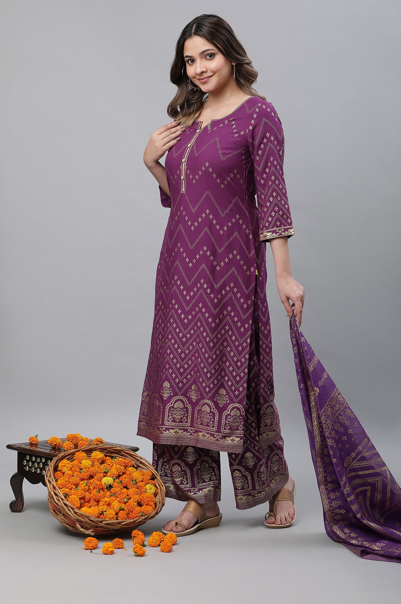 Purple Foil Printed Festive Kurta