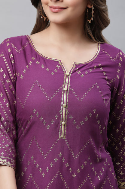 Purple Foil Printed Festive Kurta