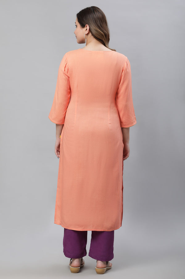 Elleven Women's Peach Embroidered Straight Kurta