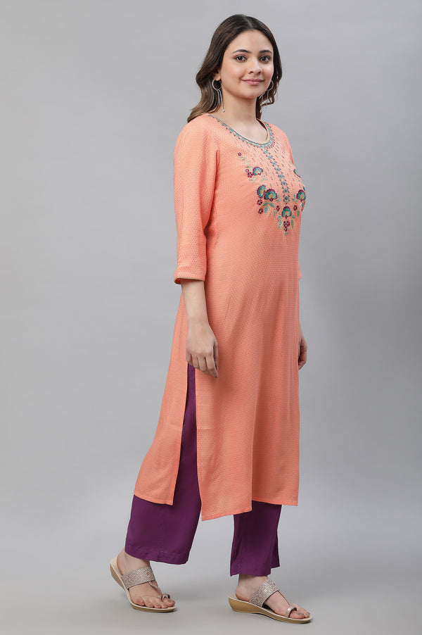 Elleven Women's Peach Embroidered Straight Kurta