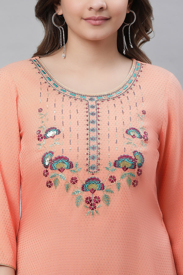 Elleven Women's Peach Embroidered Straight Kurta