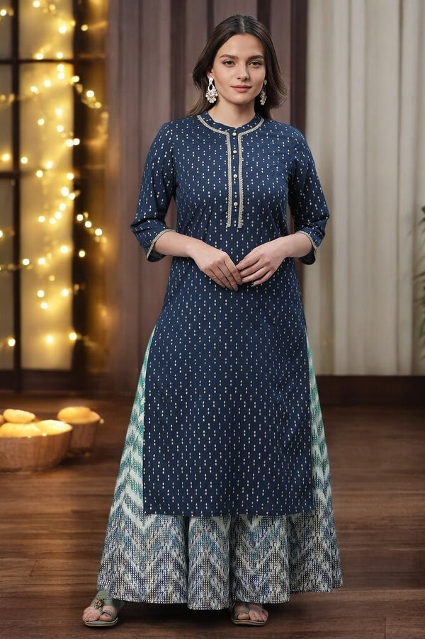 Blue Ikat Foil Printed Embellished Kurta