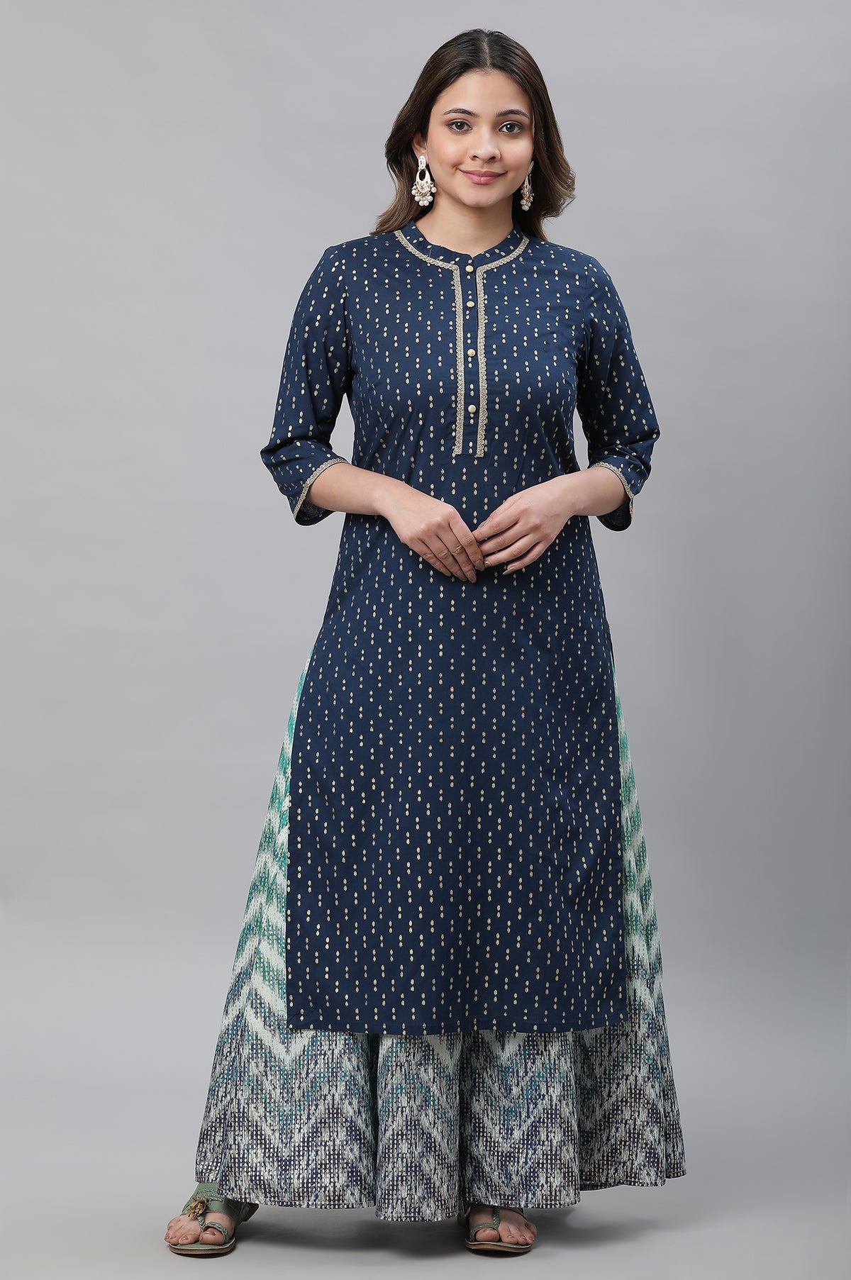Blue Polka Dot Ikat Foil Printed Straight Cotton Kurta - XS