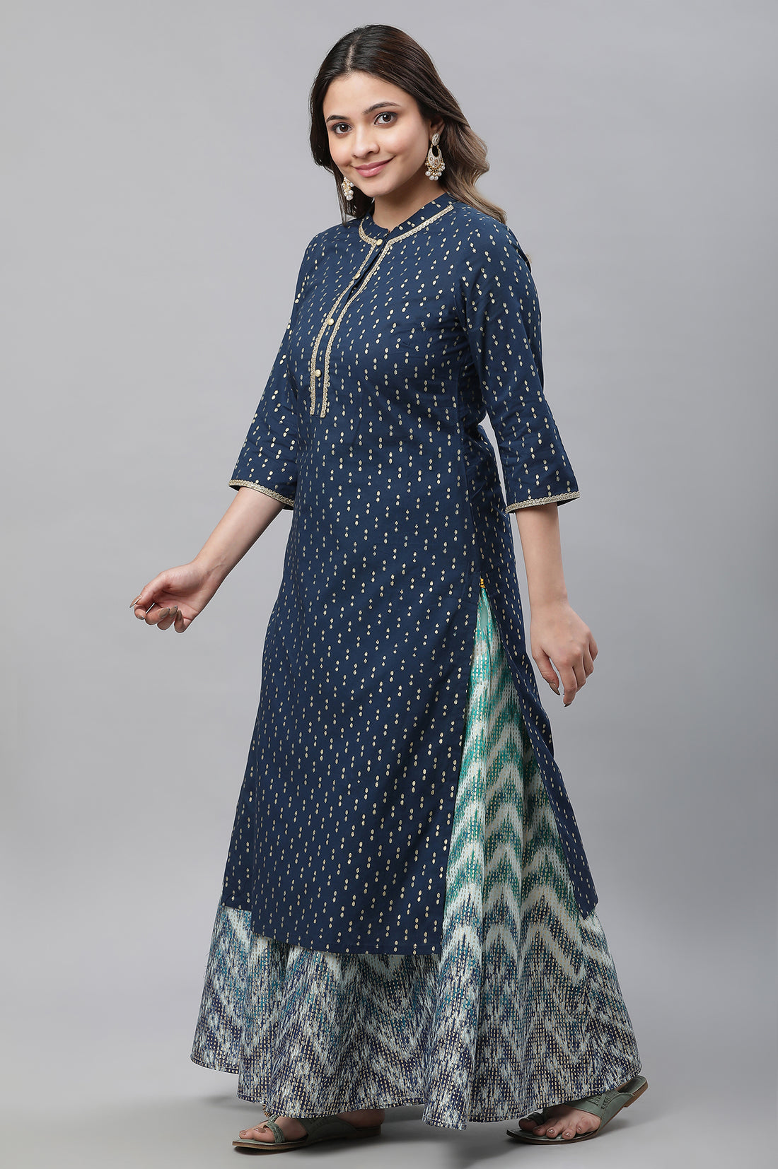 Blue Polka Dot Ikat Foil Printed Straight Cotton Kurta