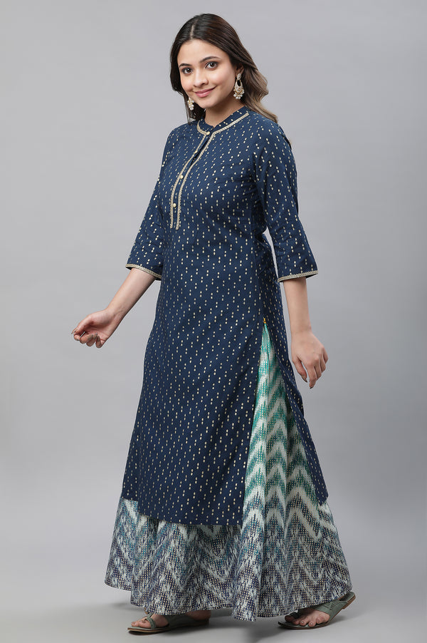 Blue Polka Dot Ikat Foil Printed Straight Cotton Kurta