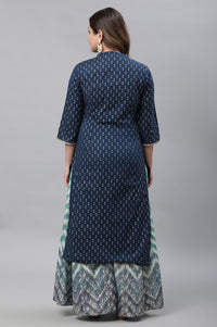 Blue Polka Dot Ikat Foil Printed Straight Cotton Kurta